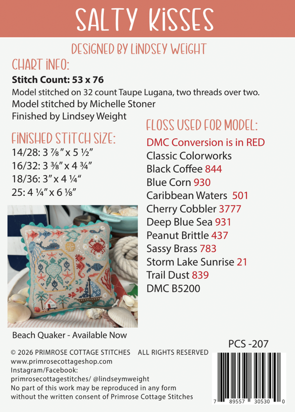 Salty Kisses Cross Stitch by Lindsey Weight of Primrose Cottage - PAPE