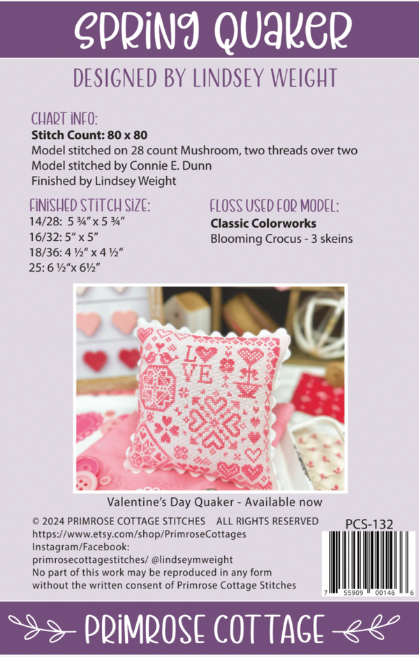 Spring Quaker Cross Stitch by Lindsey Weight of Primrose Cottage - PAP