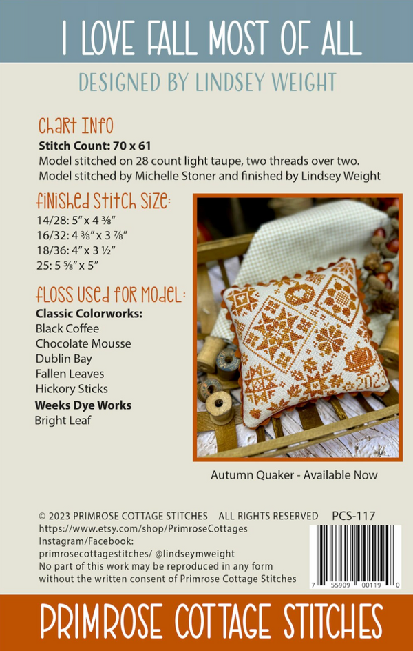I Love Fall Most Of All Cross Stitch by Lindsey Weight of Primrose