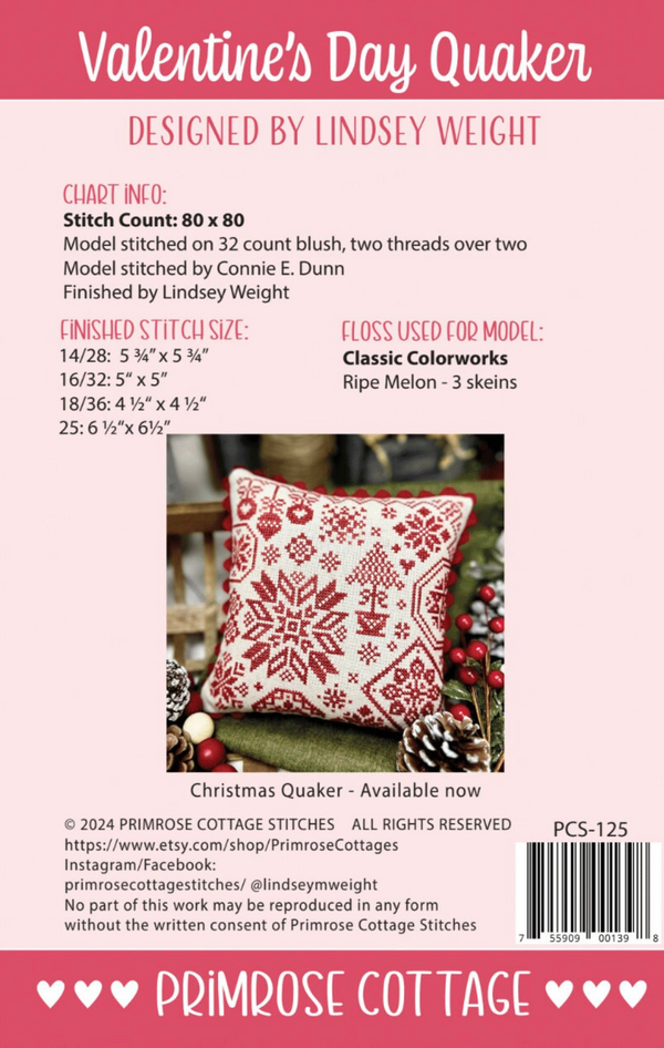 Valentine's Day Quaker Cross Stitch by Lindsey Weight of Primrose
