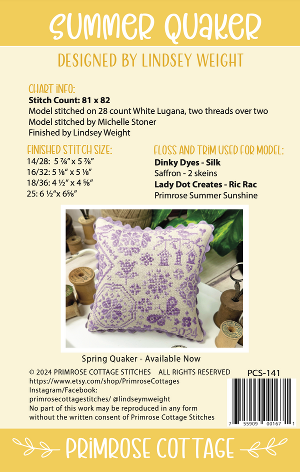 Summer Quaker Cross Stitch by Lindsey Weight of Primrose Cottage Stitc