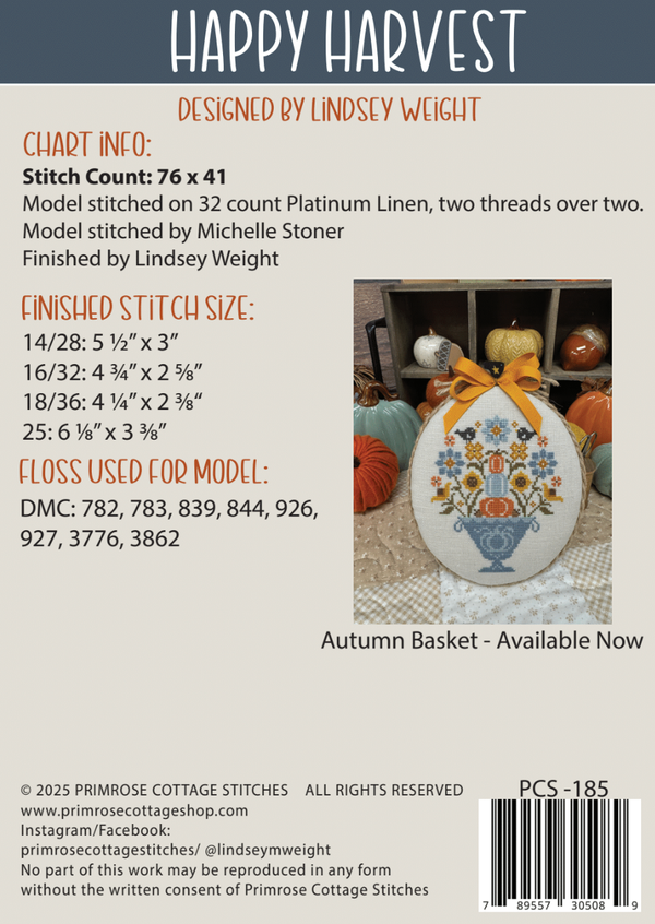 2025 RHC ロンハーマン キルトステッチ ダブルガーゼ キルティングベスト Happy Harvest Cross Stitch by Lindsey Weight of Primrose Cottage - PDF