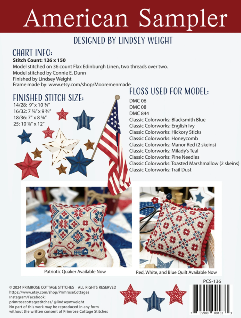 American Sampler Cross Stitch by Lindsey Weight of Primrose Cottage - american-sampler-cross-stitch-by-lindsey-weight-of-primrose-cottage