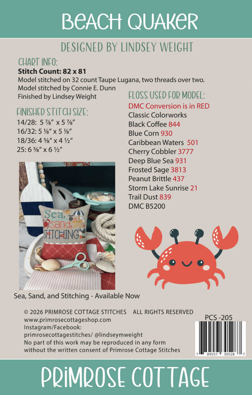 Beach Quaker Cross Stitch by Lindsey Weight of Primrose Cottage - PAPER Pattern