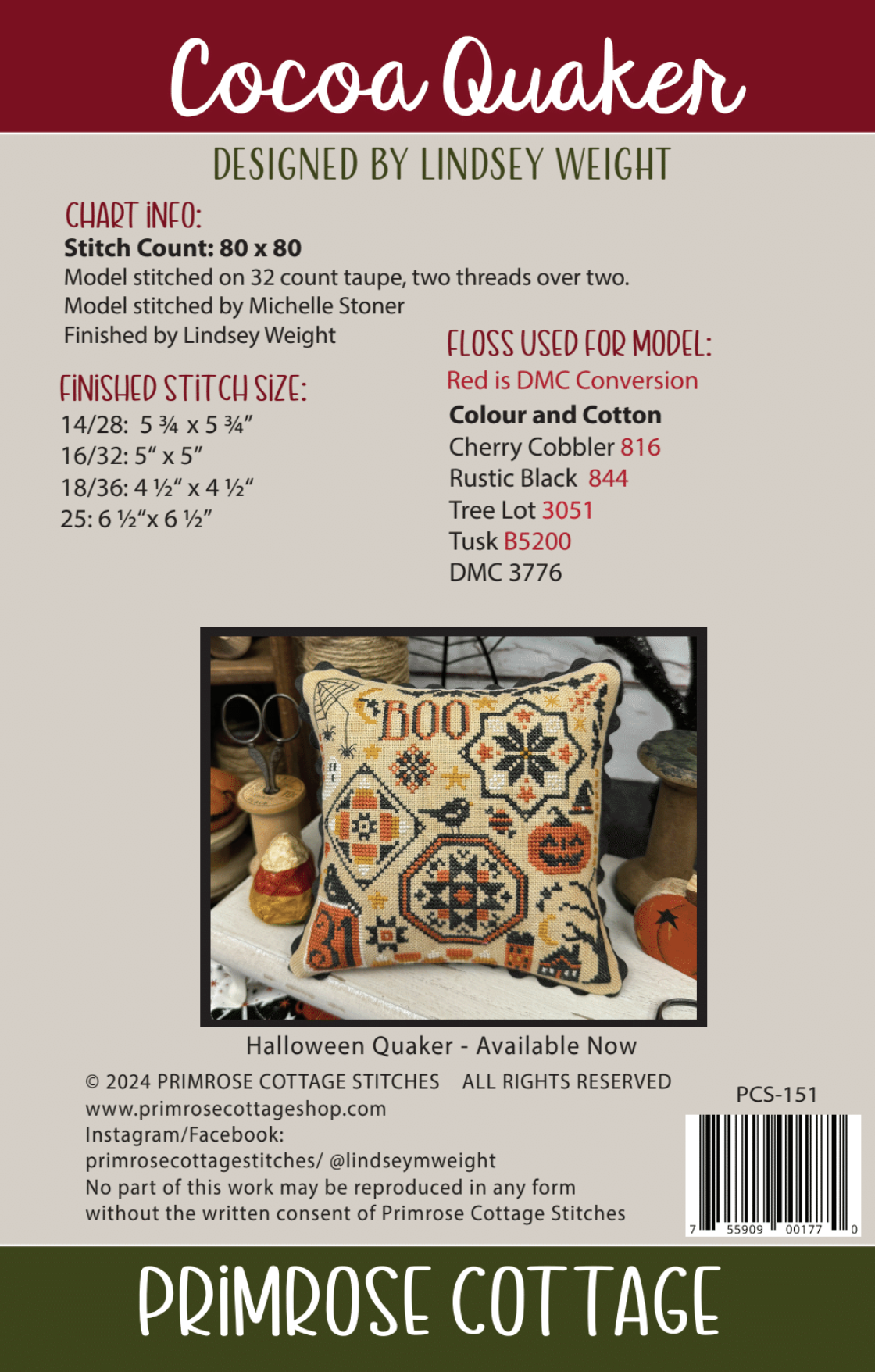 Cocoa Quaker Cross Stitch by Lindsey Weight of Primrose Cottage - PDF Pattern