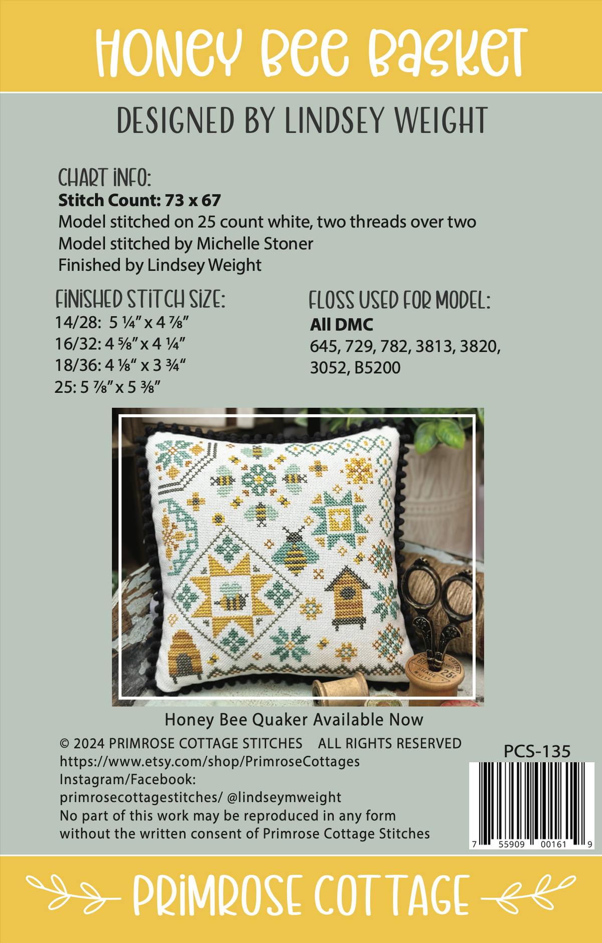 Honey Bee Basket Cross Stitch by Lindsey Weight of Primrose Cottage Stitches - PDF Pattern