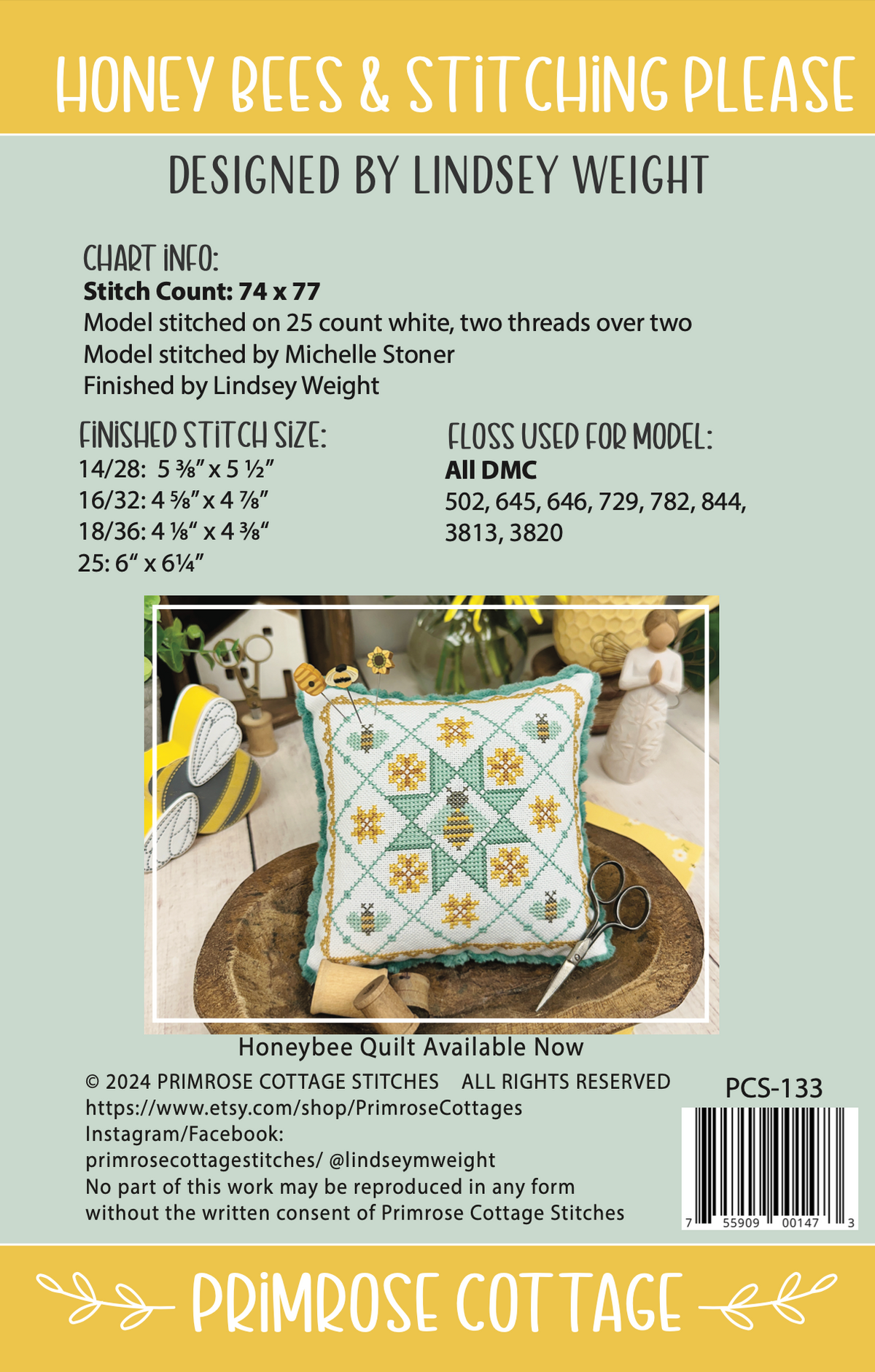 Honey Bees &amp; Stitching Please Cross Stitch by Lindsey Weight of Primrose Cottage Stitches - PDF Pattern