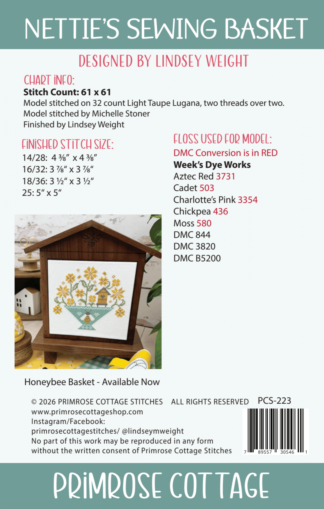 Nettie's Sewing Basket Cross Stitch by Lindsey Weight of Primrose Cottage - PAPER Pattern