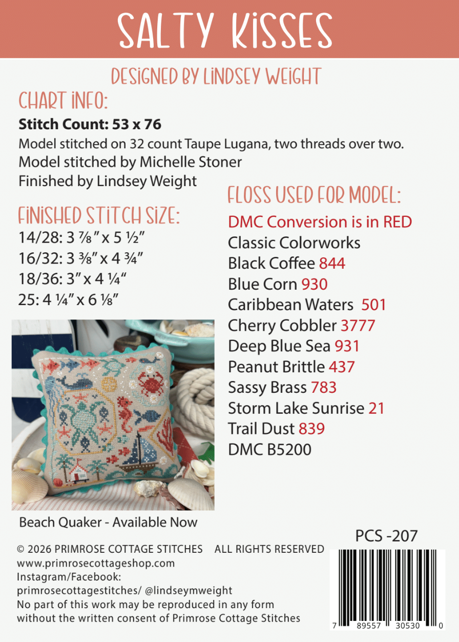 Salty Kisses Cross Stitch by Lindsey Weight of Primrose Cottage - PAPER Pattern