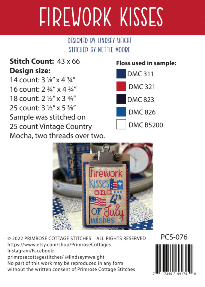 Firework Kisses by Lindsey Weight of Primrose Cottage - PDF Pattern