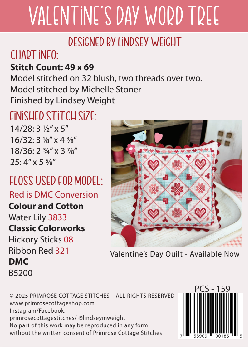 Valentine&#39;s Day Word Tree Cross Stitch by Lindsey Weight of Primrose Cottage Stitches - PDF Pattern