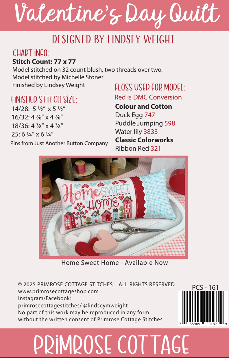 Valentine&#39;s Day Quilt Cross Stitch by Lindsey Weight of Primrose Cottage - PDF Pattern