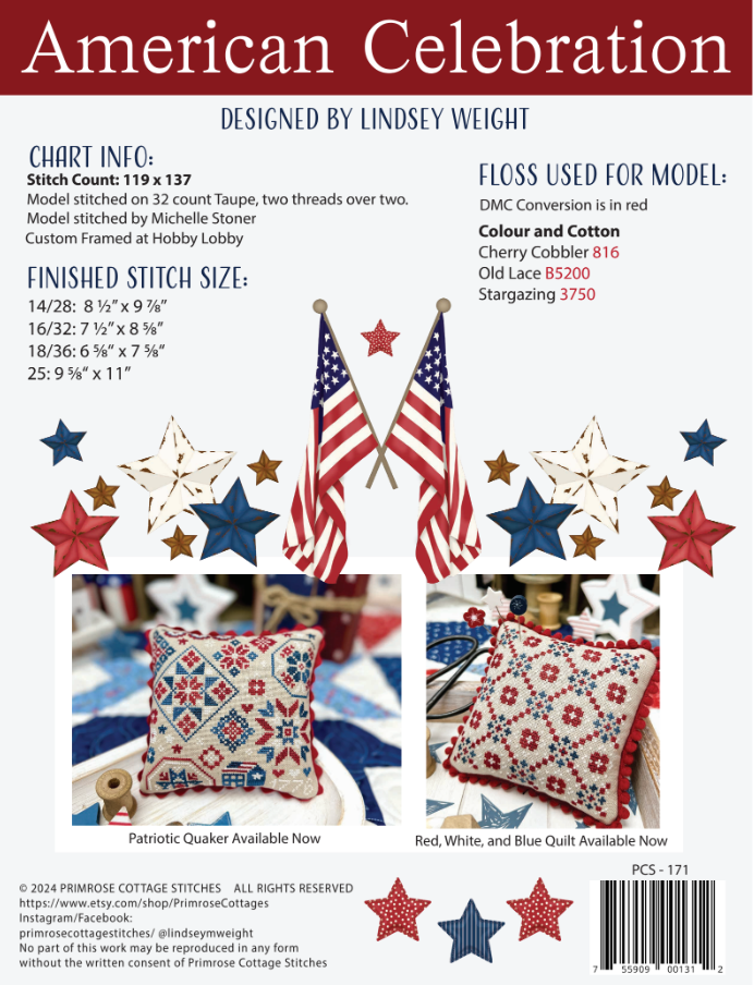 American Celebration Cross Stitch by Lindsey Weight of Primrose Cottage - PDF Pattern