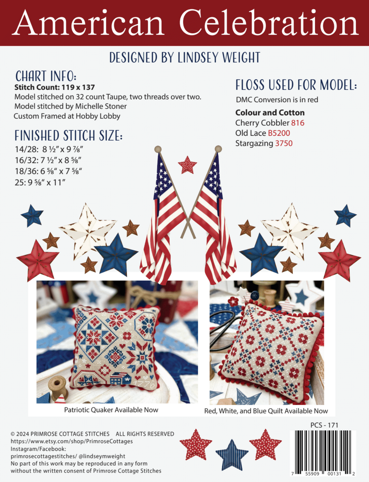 American Celebration Cross Stitch by Lindsey Weight of Primrose Cottage Stitches - PAPER Pattern