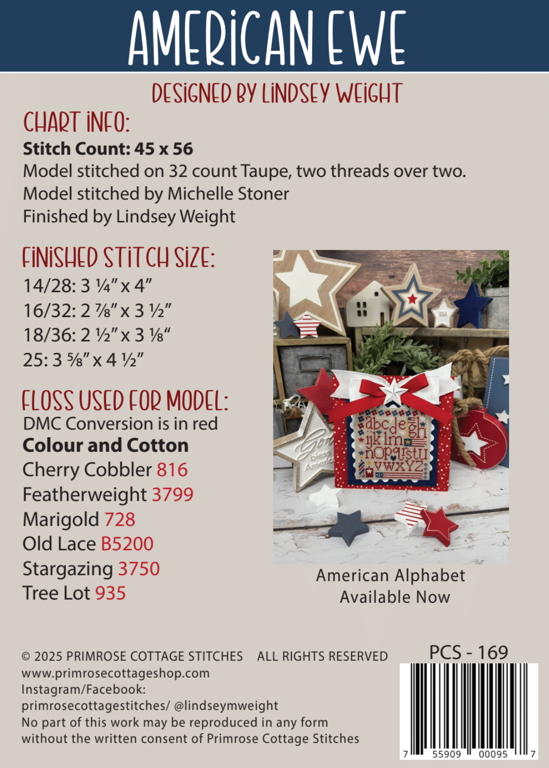 American Ewe Cross Stitch by Lindsey Weight of Primrose Cottage - PAPER Pattern