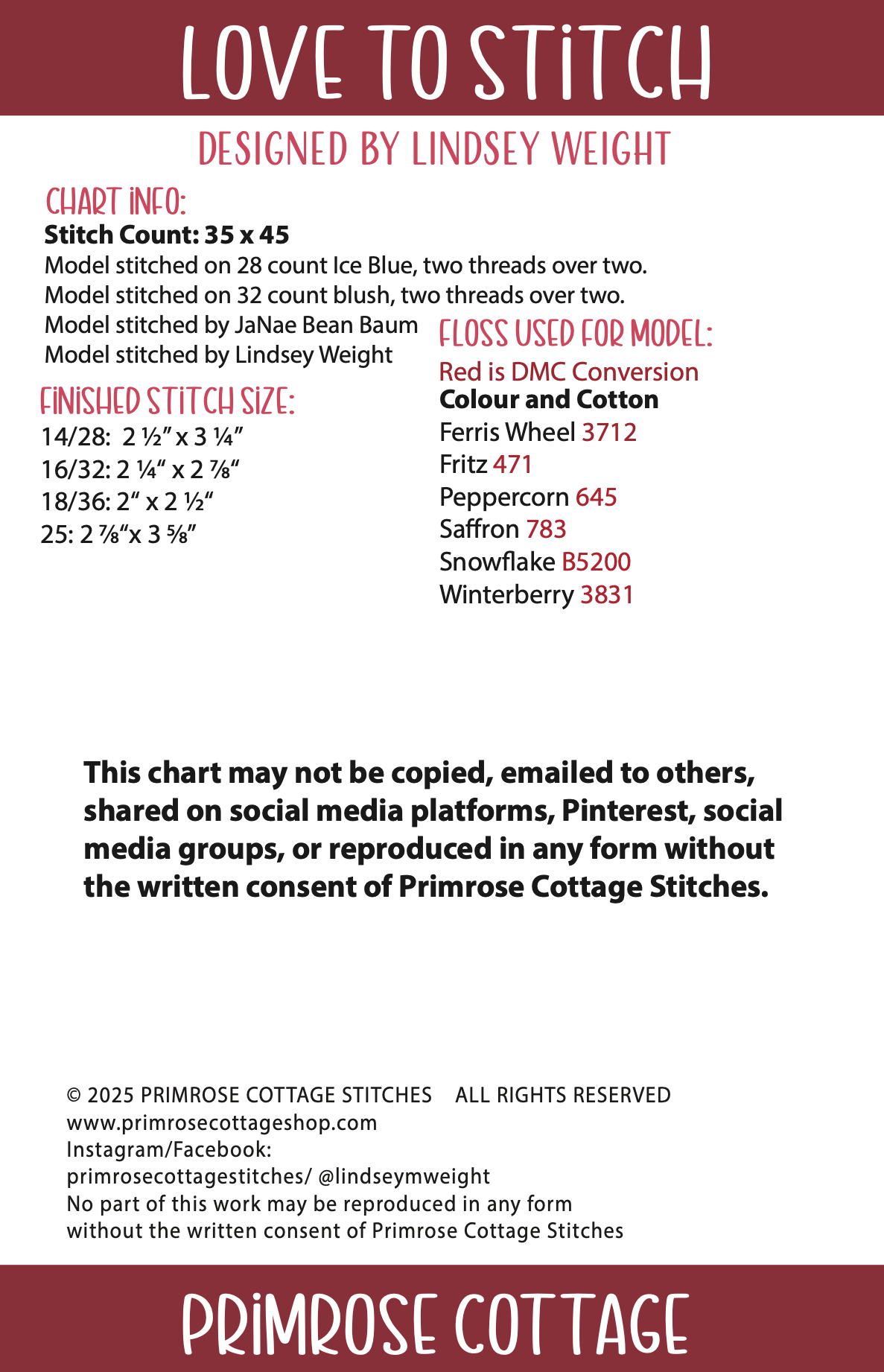 Love to Stitch by Lindsey Weight of Primrose Cottage - PDF Pattern