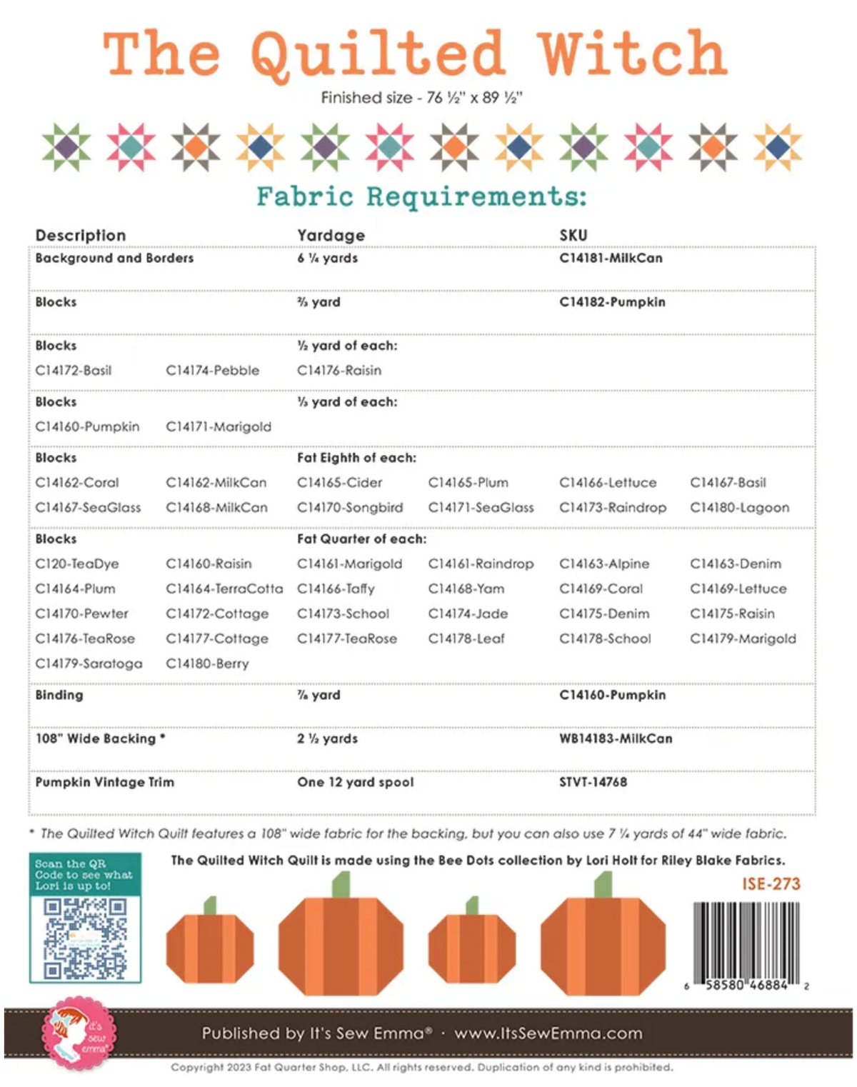 The Quilted Witch Quilt Pattern by Lori Holt of Bee in My Bonnet - PAPER Pattern