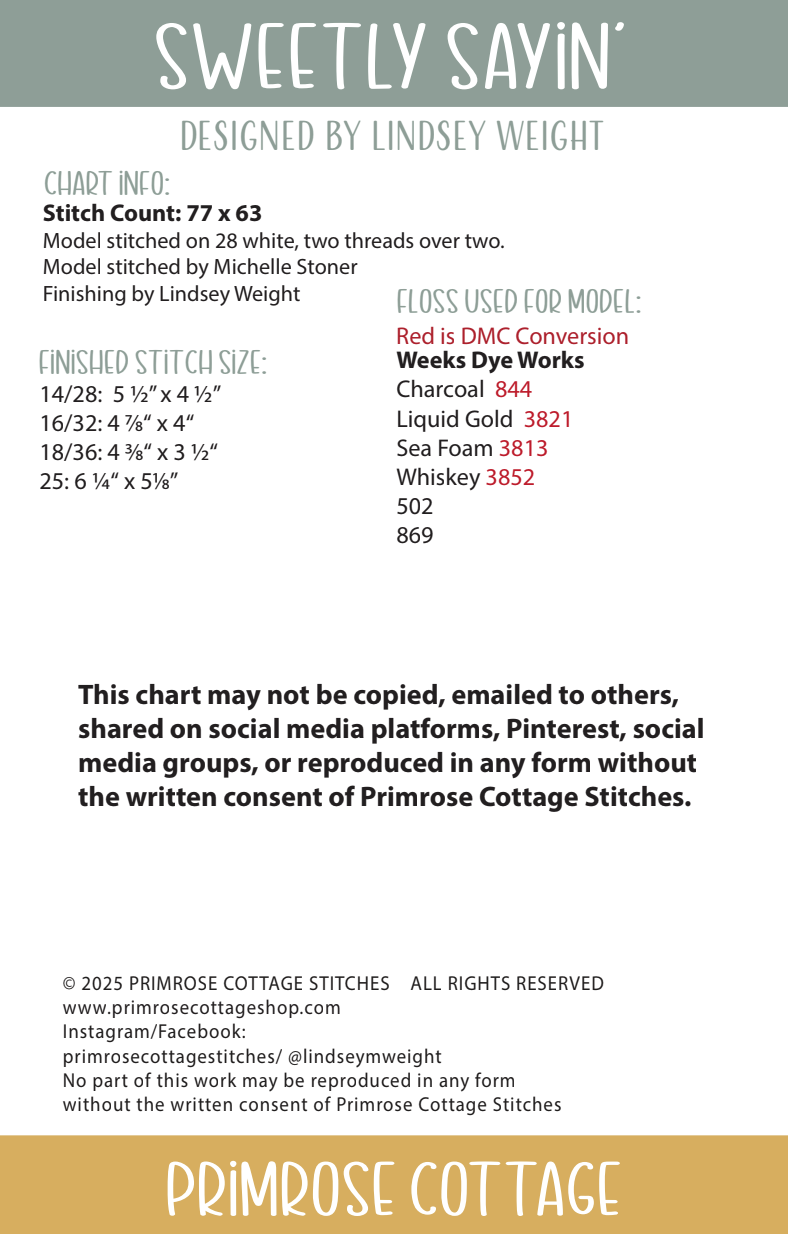 Sweetly Sayin&#39; by Lindsey Weight of Primrose Cottage - PDF Pattern