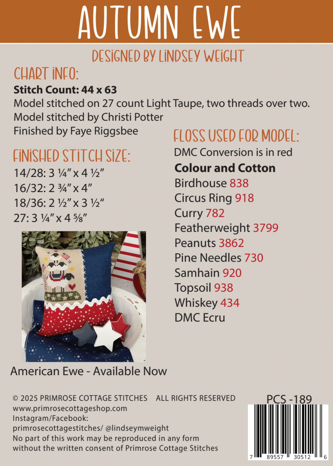 Autumn Ewe Cross Stitch by Lindsey Weight of Primrose Cottage - Paper Pattern