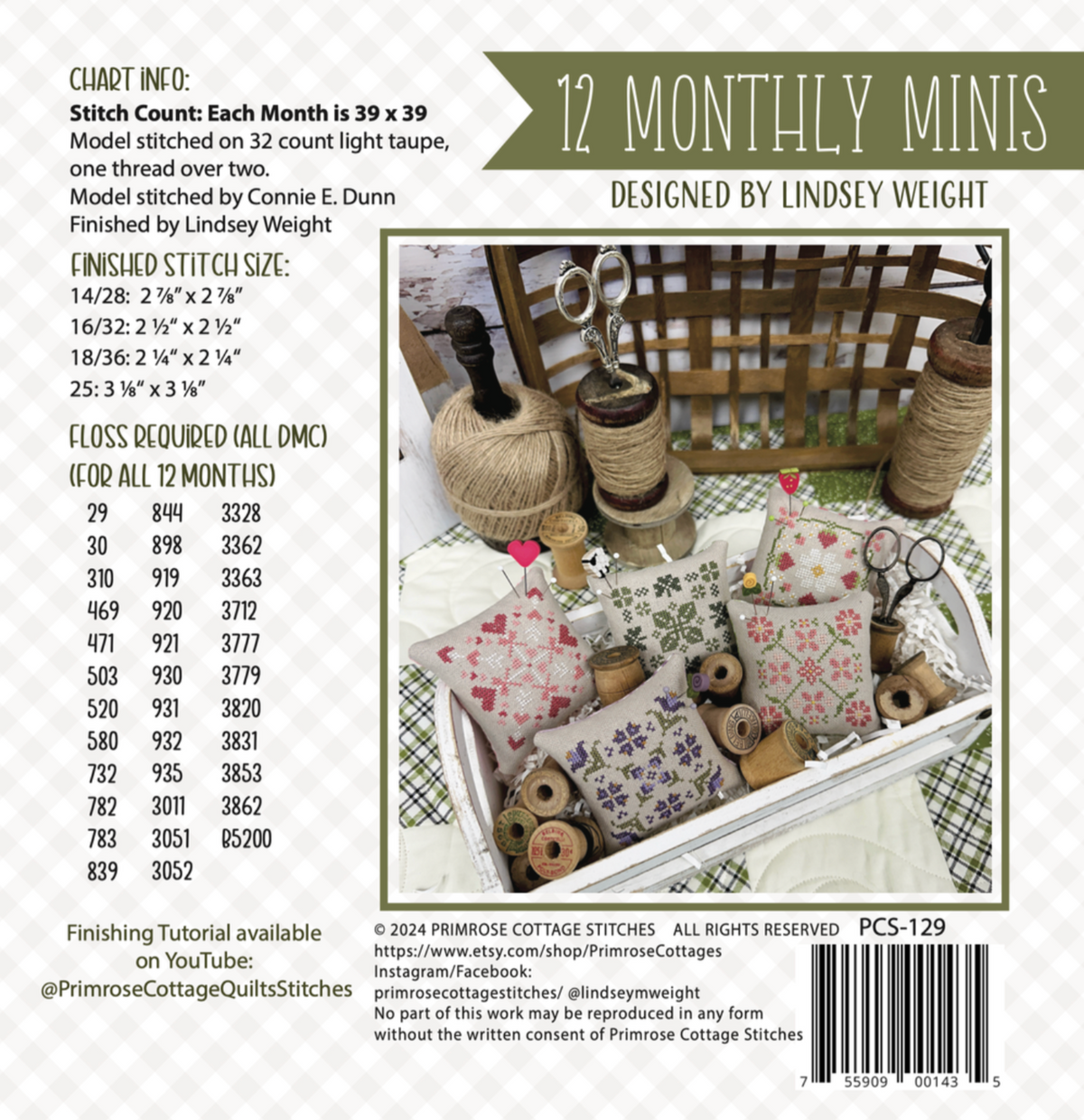 October 12 Monthly Mini Bag Finishing Kit/Floss Pack From 12 Monthly Minis by Lindsey Weight of Primrose Cottage