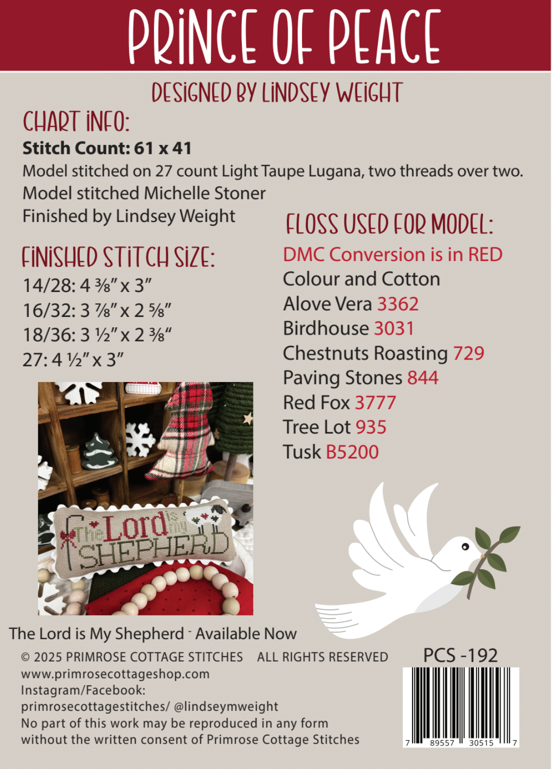 Prince of Peace Cross Stitch by Lindsey Weight of Primrose Cottage - Paper Pattern