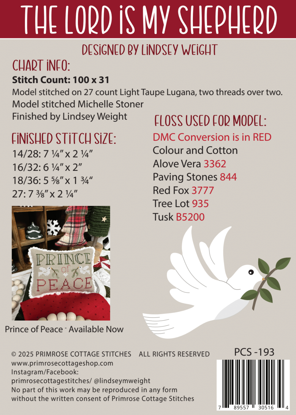 The Lord is My Shepherd Cross Stitch by Lindsey Weight of Primrose Cottage - Paper Pattern