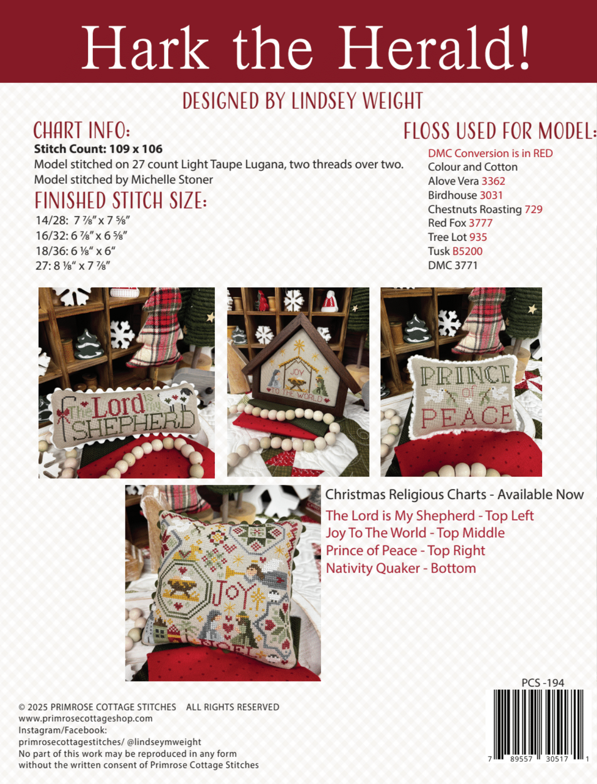 Hark the Herald Cross Stitch by Lindsey Weight of Primrose Cottage - Paper Pattern