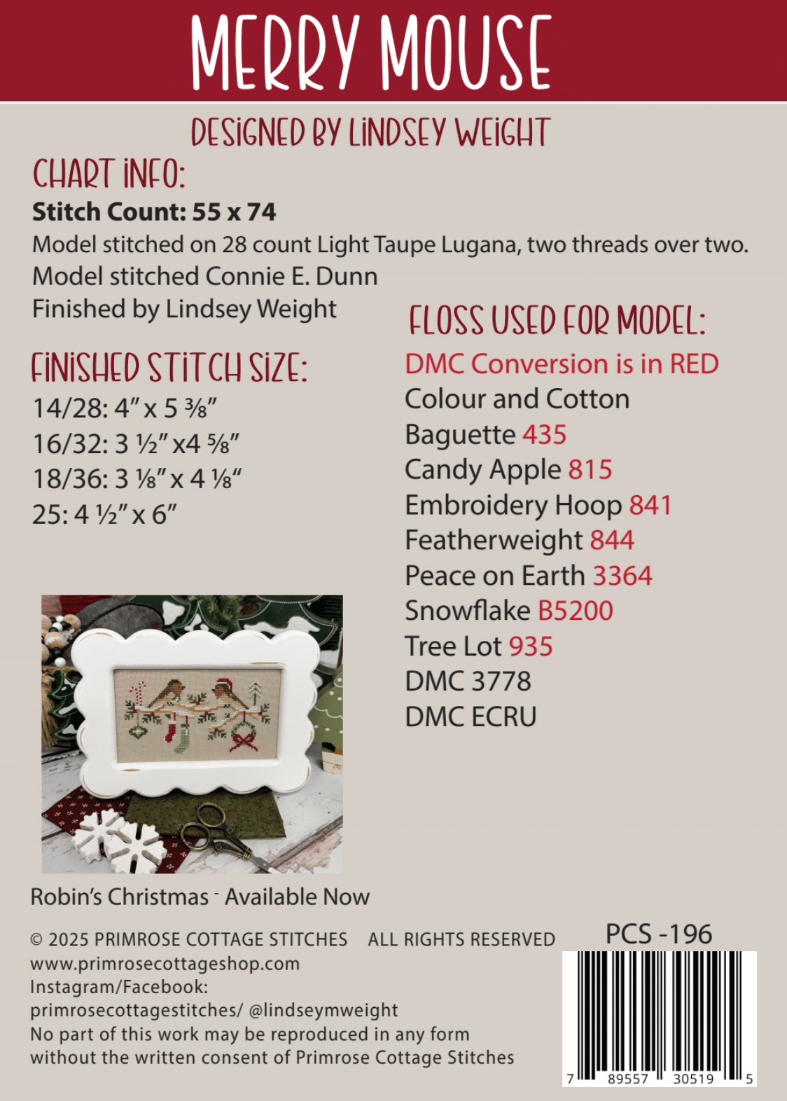 Merry Mouse Cross Stitch by Lindsey Weight of Primrose Cottage - PDF P