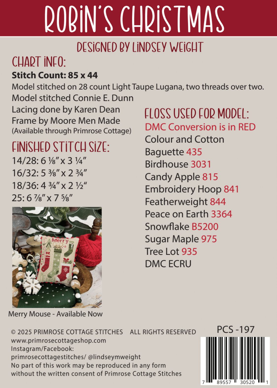Robin's Christmas Cross Stitch by Lindsey Weight of Primrose Cottage - PDF Pattern
