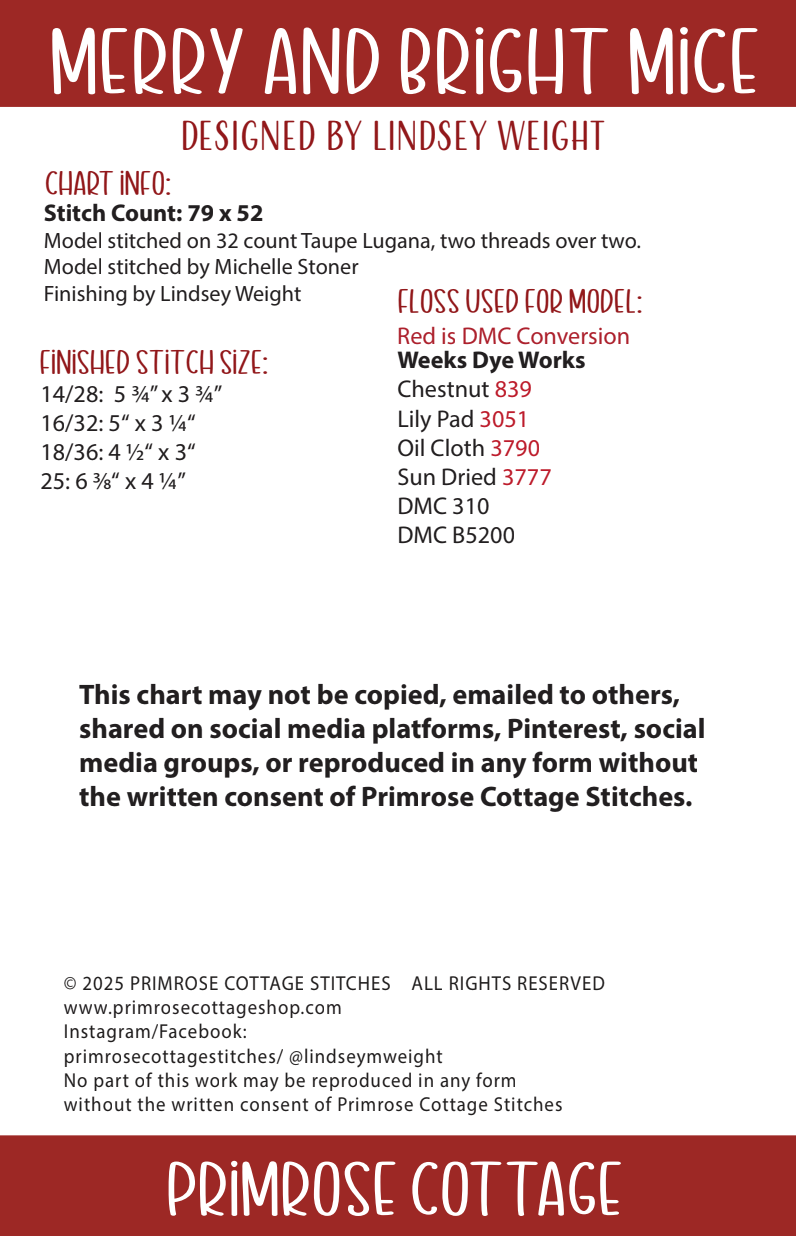 Merry and Bright Mice Cross Stitch by Lindsey Weight of Primrose Cottage - PDF Pattern