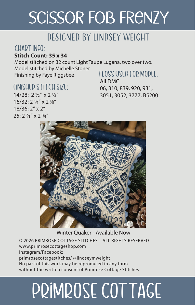 Scissor Fob Frenzy: January Cross Stitch by Lindsey Weight of Primrose Cottage - PDF Pattern