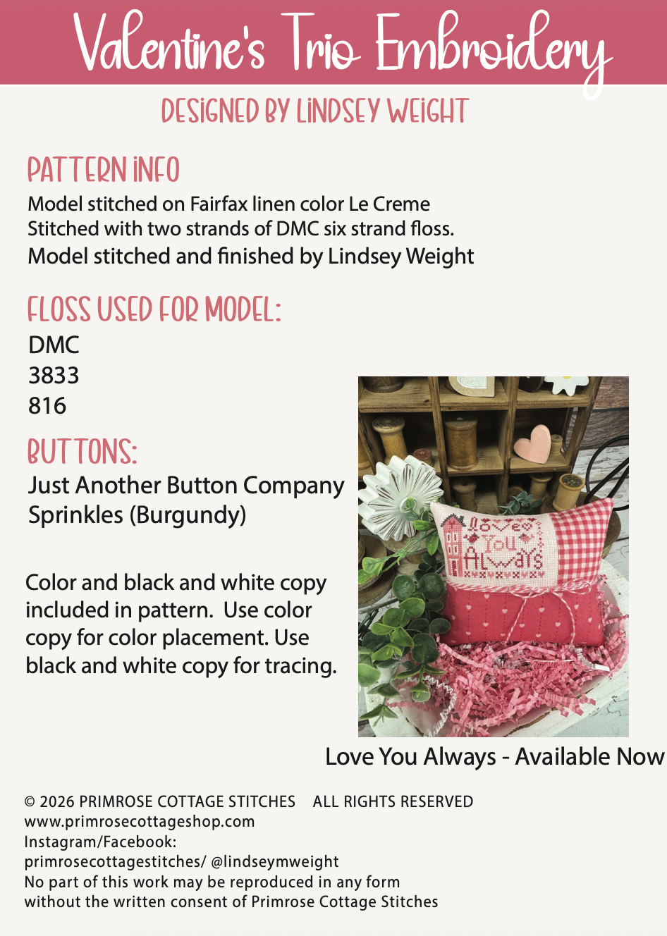Valentine's Trio Embroidery by Lindsey Weight of Primrose Cottage - PDF Pattern