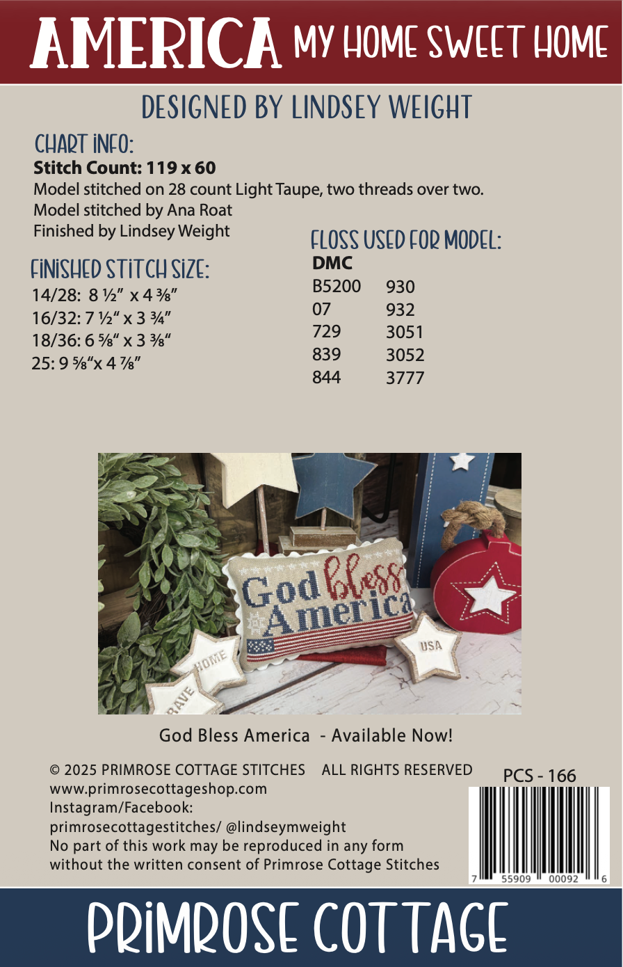 America My Home Sweet Home Cross Stitch by Lindsey Weight of Primrose Cottage - PAPER Pattern