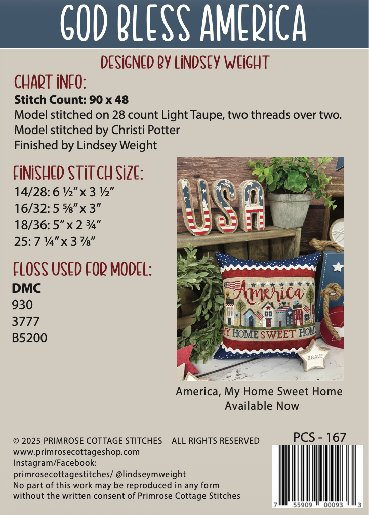 God Bless America Cross Stitch by Lindsey Weight of Primrose Cottage - PDF Pattern