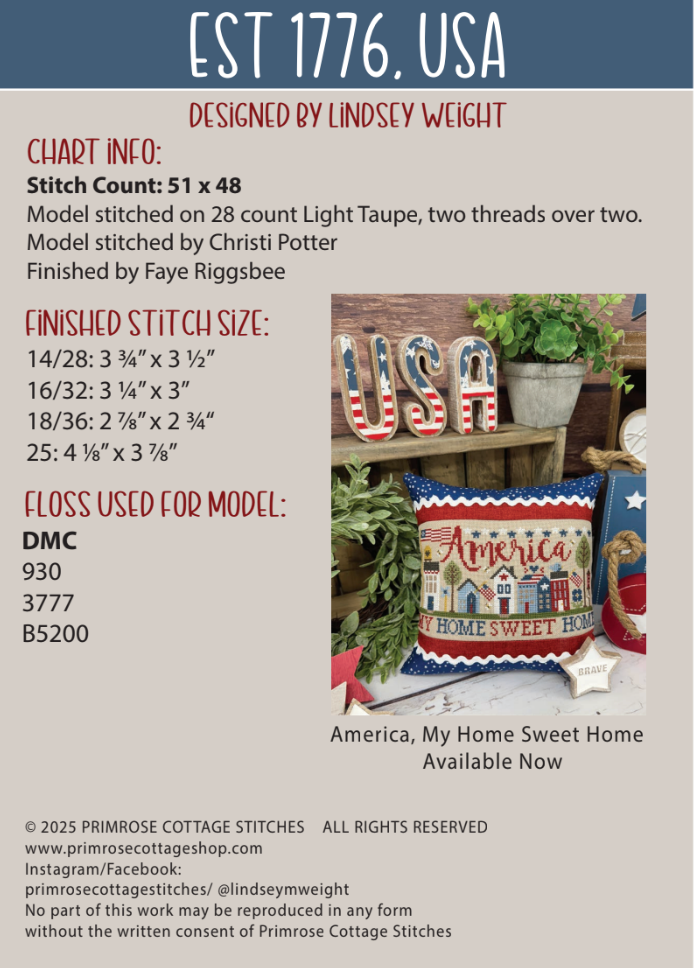 Est. 1776 USA Cross Stitch by Lindsey Weight of Primrose Cottage - PDF Pattern