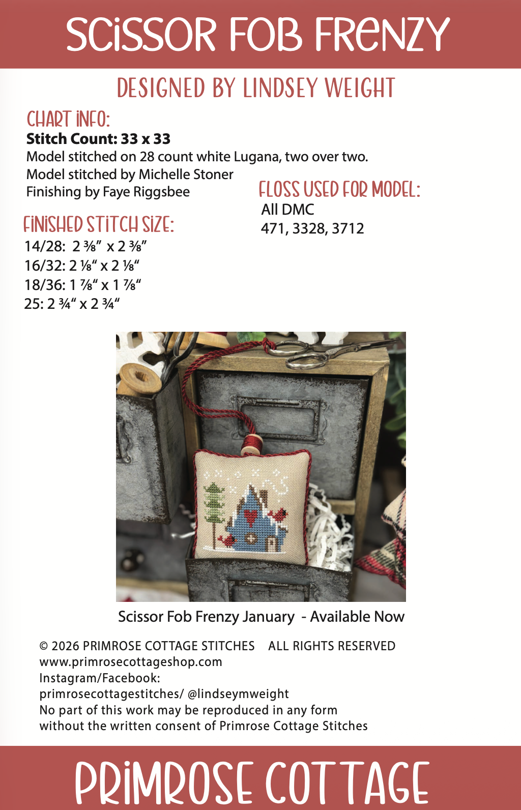 Scissor Fob Frenzy: February Cross Stitch by Lindsey Weight of Primrose Cottage - PDF Pattern