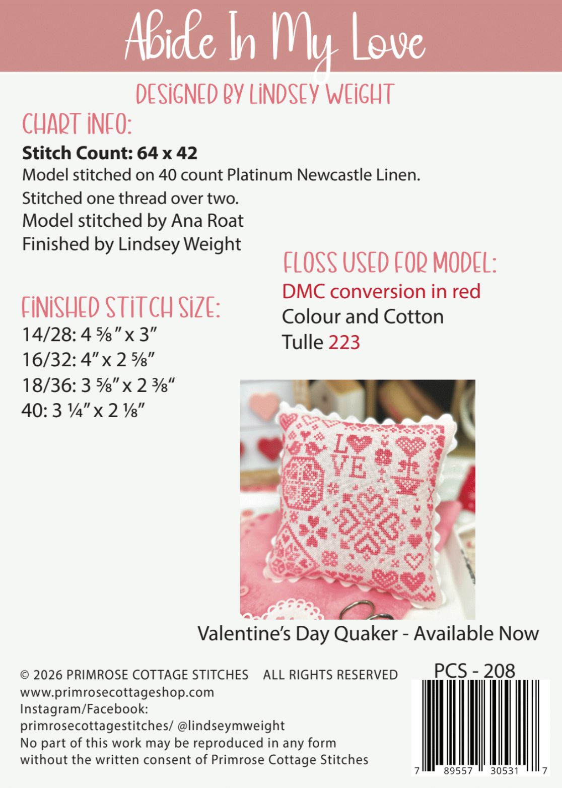 Abide in My Love Cross Stitch by Lindsey Weight of Primrose Cottage - PAPER Pattern