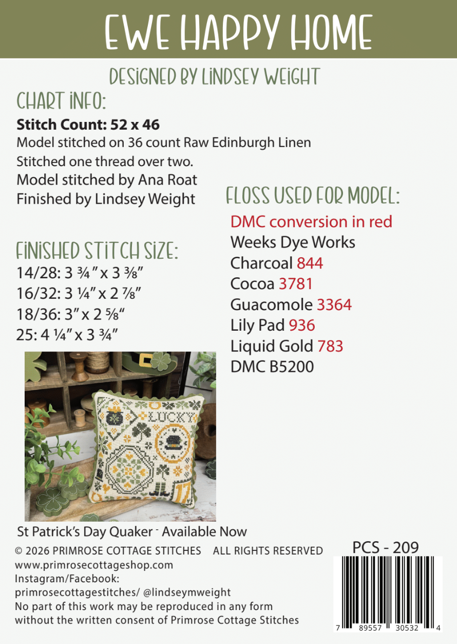 Ewe Happy Home Cross Stitch by Lindsey Weight of Primrose Cottage - PAPER Pattern