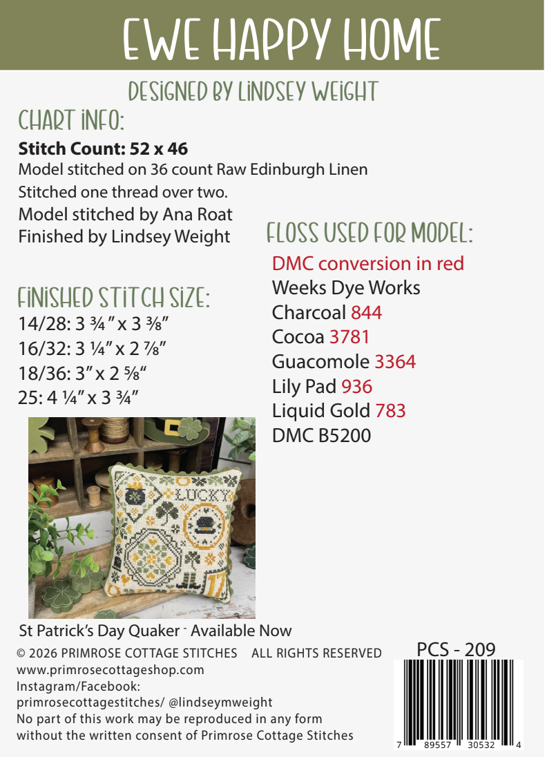 Ewe Happy Home Cross Stitch by Lindsey Weight of Primrose Cottage - PDF Pattern
