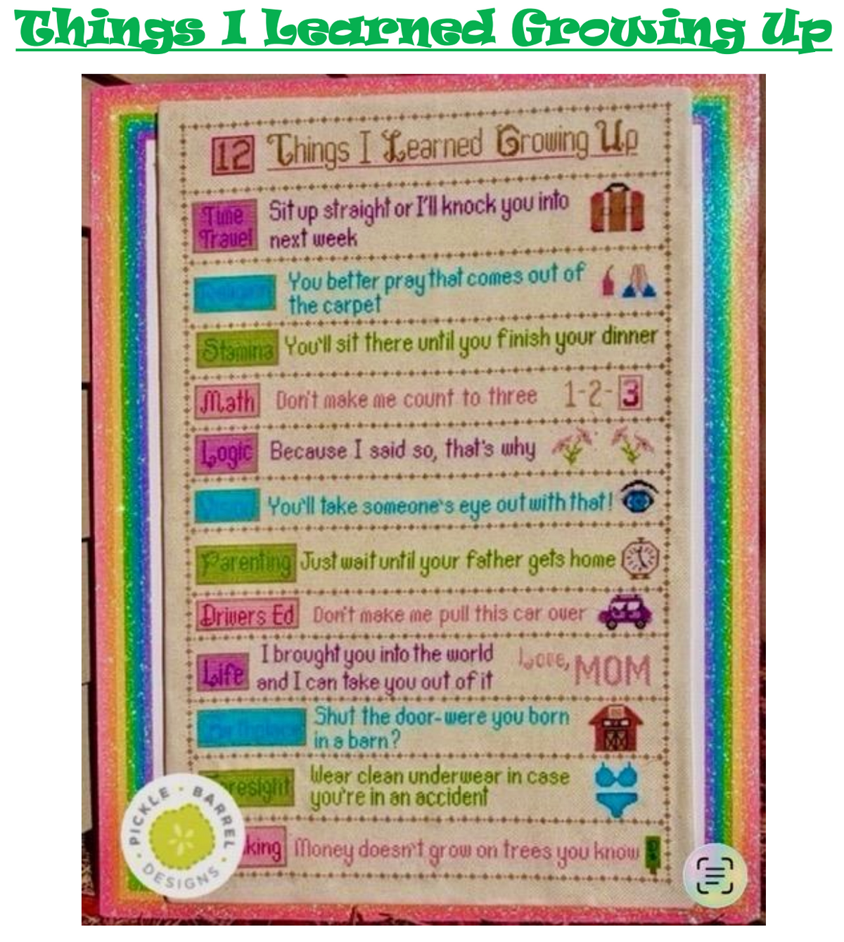 PRE-ORDER - Things I Learned Growing Up #1 Cross Stitch by Pickle Barrel Designs - Paper Pattern