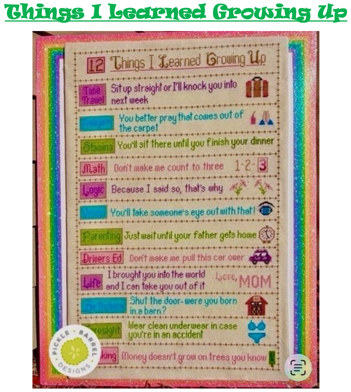 PRE-ORDER - Things I Learned Growing Up #3 Cross Stitch by Pickle Barrel Designs - Paper Pattern