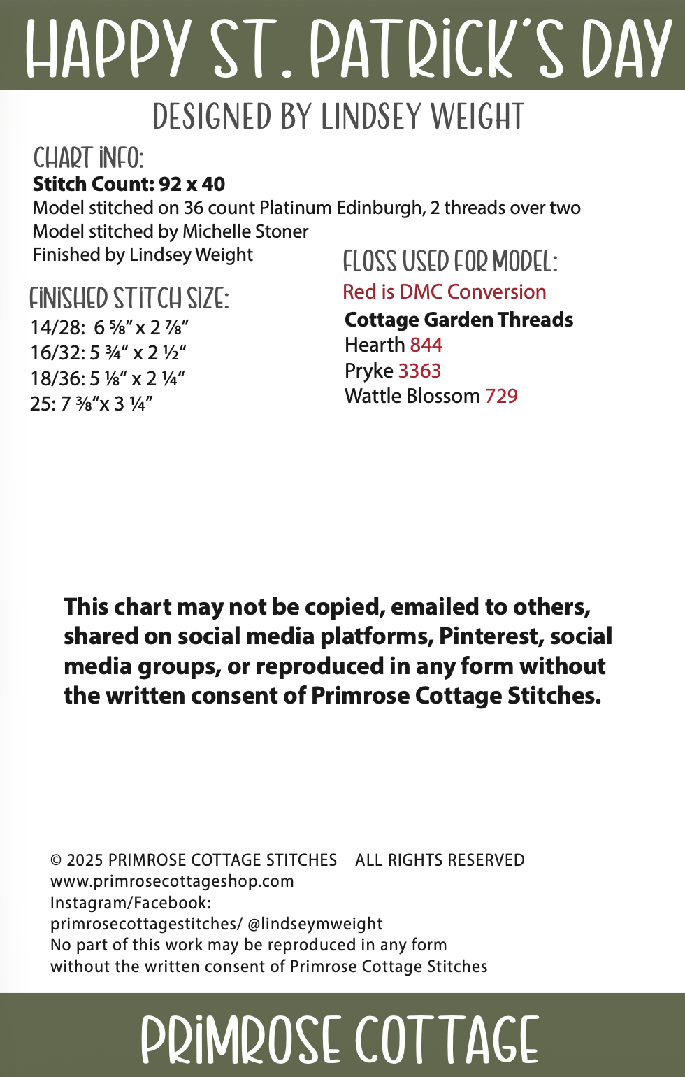 Happy St. Patrick's Day Cross Stitch by Lindsey Weight of Primrose Cottage - PDF Pattern
