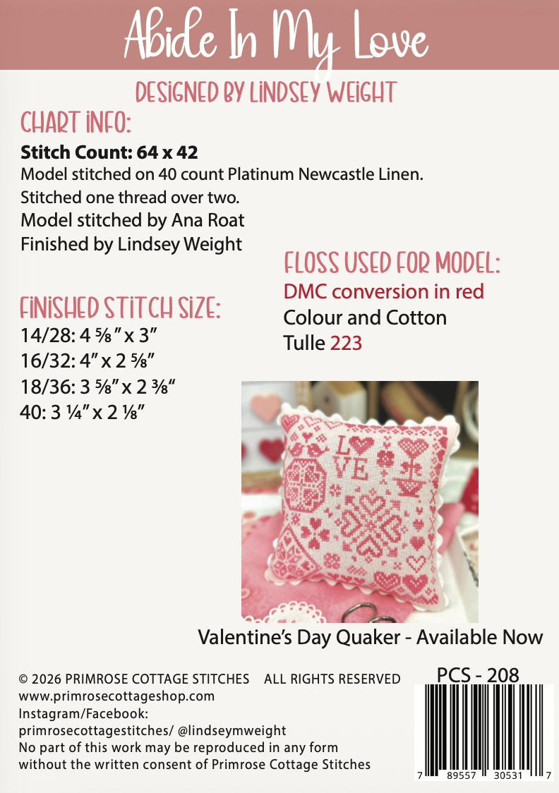 Abide in My Love Cross Stitch by Lindsey Weight of Primrose Cottage - PDF Pattern