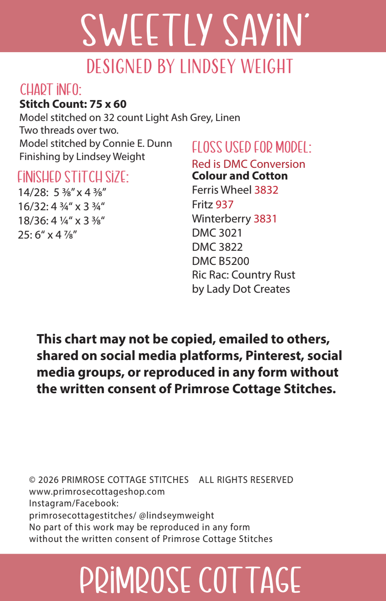 Sweetly Sayin': Stitching by Lindsey Weight of Primrose Cottage - PDF Pattern