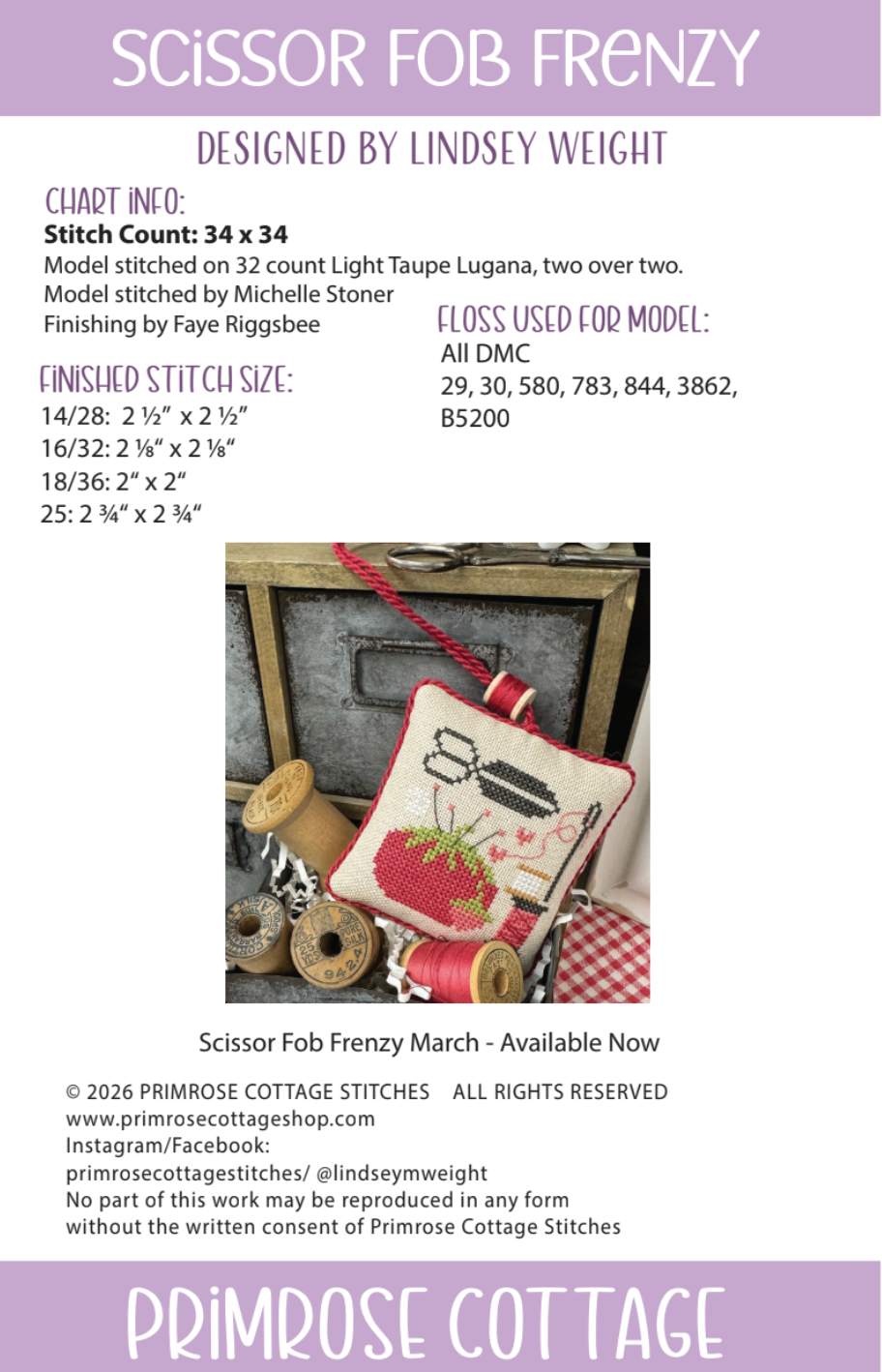 Scissor Fob Frenzy: April Cross Stitch by Lindsey Weight of Primrose Cottage - PDF Pattern