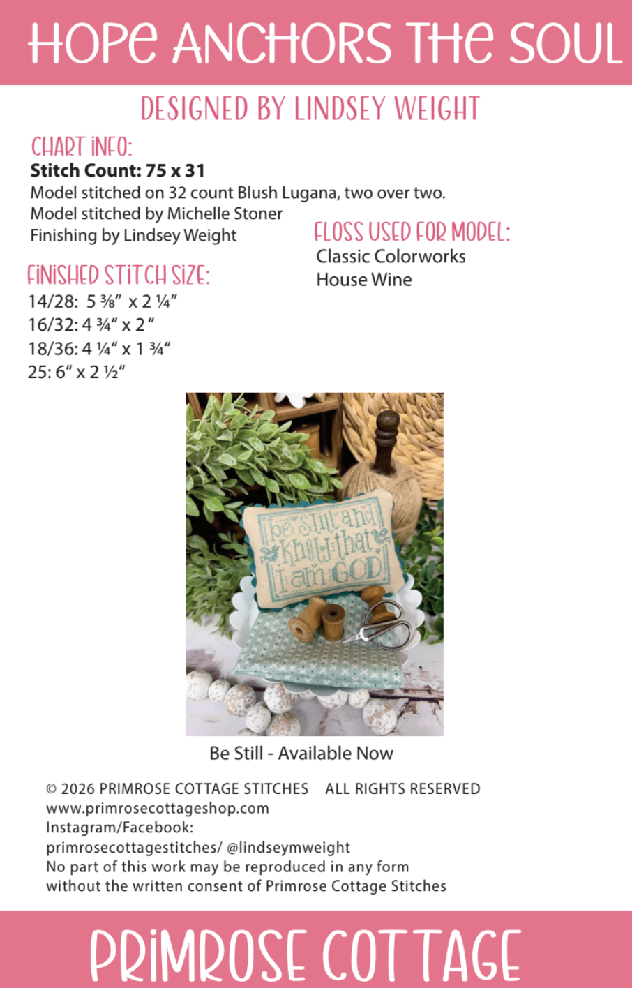 Hope Anchors The Soul Cross Stitch by Lindsey Weight of Primrose Cottage - PDF Pattern