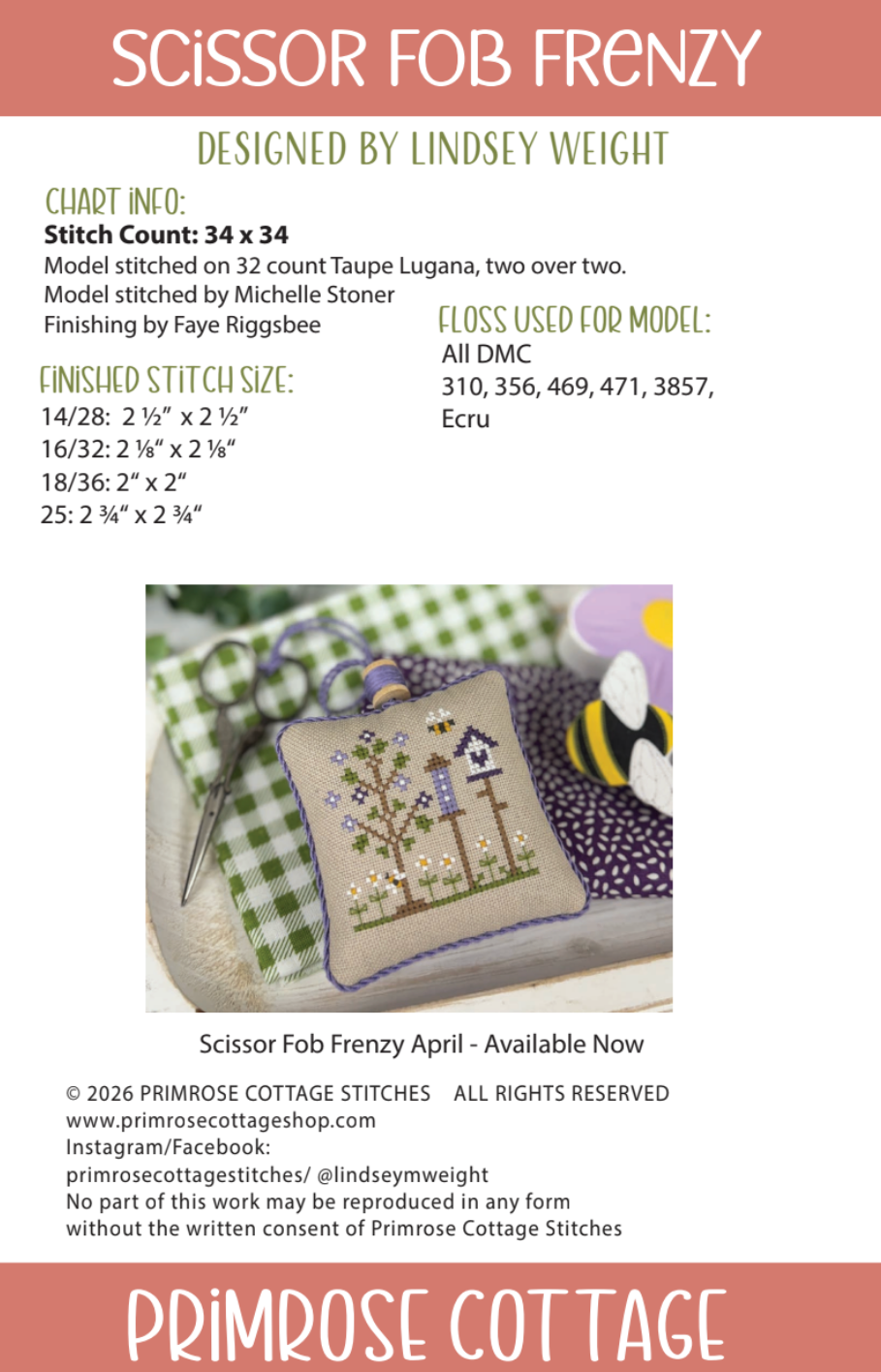 Scissor Fob Frenzy: May Cross Stitch by Lindsey Weight of Primrose Cottage - PDF Pattern