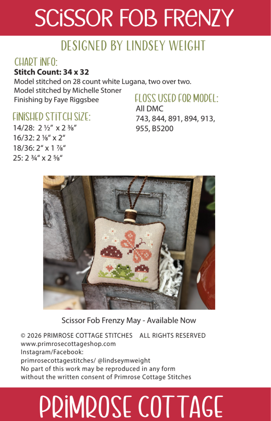 Scissor Fob Frenzy: June Cross Stitch by Lindsey Weight of Primrose Cottage - PDF Pattern