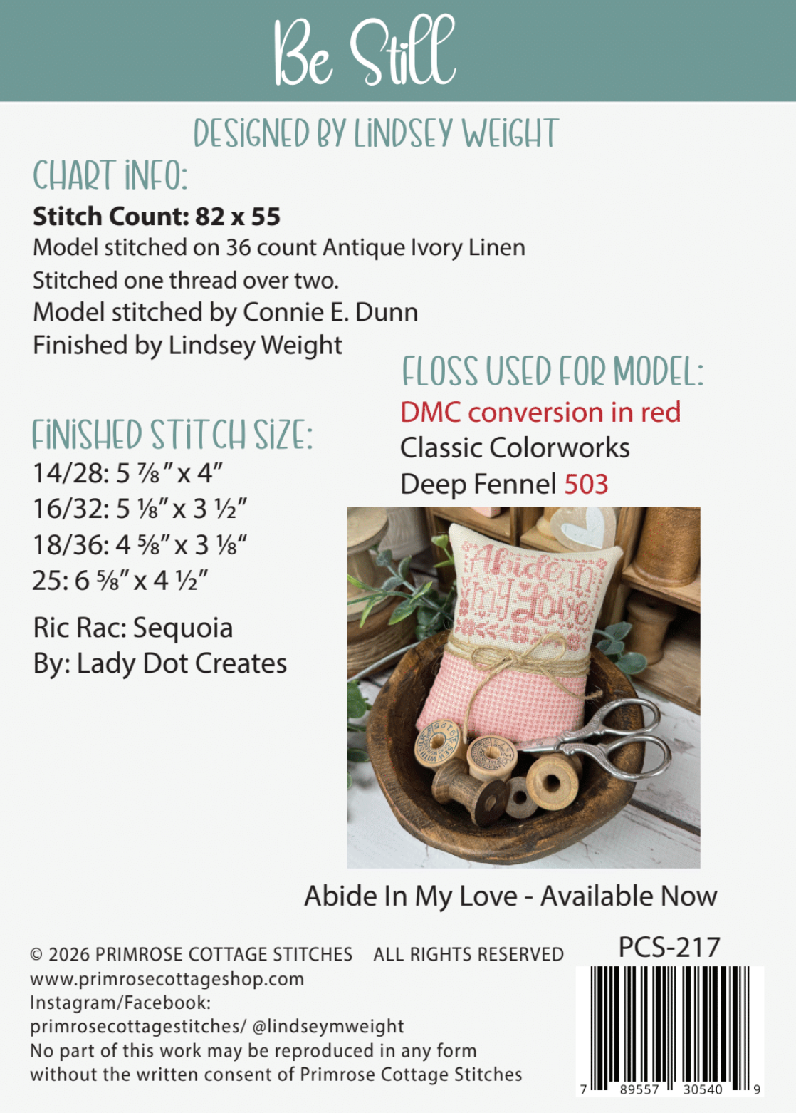 Be Still Cross Stitch by Lindsey Weight of Primrose Cottage - PAPER Pattern