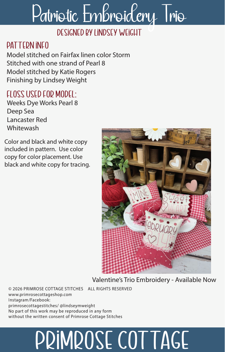 Patriotic Embroidery Trio by Lindsey Weight of Primrose Cottage - PDF Pattern